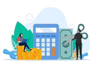 Vergi indirimi konsepti, Büyük Makas Tutan İşadamı, optimizasyon, gümrük, finansal muhasebe. İniş sayfaları için mükemmel, UI, web, başyazı, el ilanları ve afişler, Vektör İllüstrasyonu.