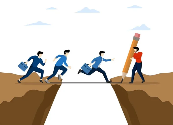 障害を克服し 従業員を支援または支援し ビジネス目標を達成するためのリーダーシップソリューション 起業家マネージャーはチームメンバーのギャップを埋めるための橋渡しとしてラインを描きます — ストックベクタ