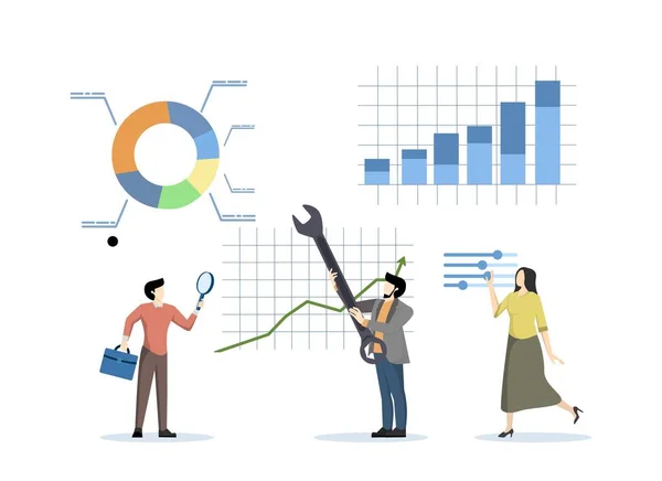 Seoのデータ分析と最適化 ビジネス動向の分析 マーケティングリサーチユーザーと顧客行動 ビジネスユーザーは拡大鏡を使用し チャートやグラフを分析するためのツールを最適化します — ストックベクタ