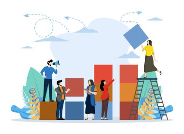 İş konsepti. Takım metaforu. Sütun elementlerini birleştiren insanlar. Takım çalışması, işbirliği, ortaklık sembolü. Vektör illüstrasyon düz tasarım tarzı. düz vektör illüstrasyonu.