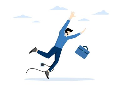 Kaza ya da sürpriz problem konsepti iş, başarısızlık ya da hata, elektrik kablosuyla yere düşen beceriksiz işadamı. düz vektör illüstrasyonu.