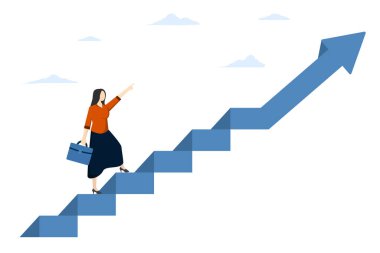 İş hedeflerine ve zorluklara ulaşmak veya cinsiyet eşitliği kavramı, kadın ya da kadın liderleri için kariyer başarısı, kendine güvenen girişimci kadın, yukarı doğru ok ile bebek adımları atıyor.
