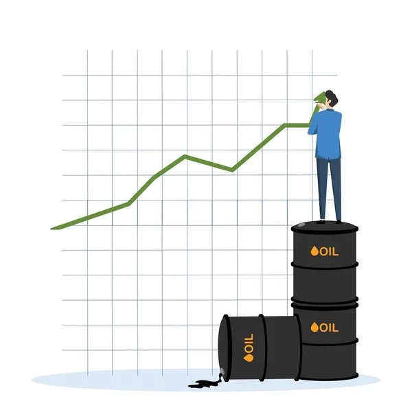 油价上涨 需求高企或能源行业或汽油价格概念 原油价格在危机后增长 商人站在成堆的成堆的石油上升图上 — 图库矢量图片