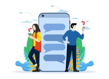 Elinde cep telefonu olan ve arka planda büyük cep telefonu ve emojileri olan yakışıklı bir adamla sohbet eden güzel bir kadın. Sanal randevu ve ilişki uygulaması. Sohbet baloncukları. Vektör illüstrasyonu.