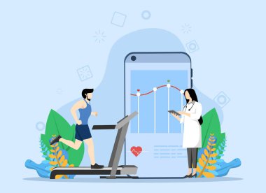 Kardiyo Kontrol Konsepti, kardiyo kontrol koşu bandında koşan genç adamın iniş sayfası, UI, web, uygulama giriş kartı, editör, el ilanı, Vector Illustration.