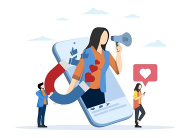 Sosyal Medya Etkilendirici Konsepti, akıllı telefon, UI, web, uygulama giriş kartı, editör, broşür ve afiş, Vector Illustration 'daki sosyal medya profillerini gösteren ve tepki veren insanlar.