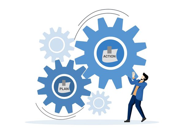 Управление корпоративным планом. стратегию или цели управления организацией или целевой аудиторией. Деловой план действий Лидер поворачивает шестерни или инструменты, чтобы привести план действий в действие.