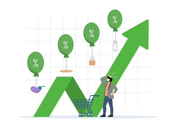 stock vector impact on economic growth. Inflation rises due to growth in monetary value. Food price inflation. consumer goods float in hot air balloons. vector illustration.