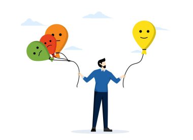 Duygularını kontrol edebilme yeteneği. Duygusal düzenlemeler ve depresyon yönetimi. Duygusal kontrol ve öz denetim. Duygu dolu yüzüyle balon tutan bir adam. düz vektör illüstrasyonu.