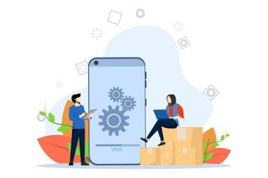 Sistem Güncelleme Konsepti, insanlara işletim sistemini, yapılandırma sistemini güncelle. İniş sayfası için mükemmel, ui, web, uygulama giriş kartı, başmakale, el ilanı ve afiş, vektör illüstrasyonu.
