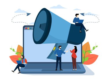 İnternet sayfaları, reklamlar, teşvikler, ticari reklam faaliyetleri, makaleler ya da internet üzerinden reklam videoları için iş tanıtımı. çevrimiçi uyarı, vektör.
