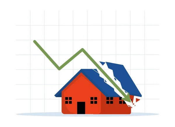 Huisvestingscrisis Vastgoedschuld Dalende Vastgoedprijzen Goedkoop Vastgoedconcept Pijl Grafiek Huis Effect — Stockvector