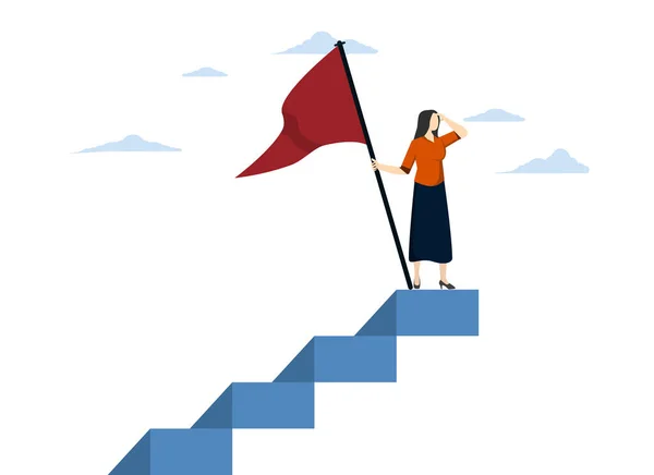 领导或挑战与成就的概念女人 没有恐惧的成功企业家 高居榜首的成功企业家 高举获奖者的旗帜寻找未来的远见 — 图库矢量图片