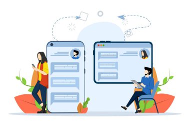 İnternet, sosyal ağ, sohbet, video, haber, mesaj, web sitesi, arkadaşlar, mobil web vektör grafikleri, renkli düz vektör çizimleri.