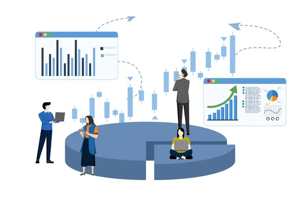 Pénzügyi Menedzsment Koncepció Statisztika Üzleti Jelentések Apró Emberek Mint Rejtvények — Stock Vector