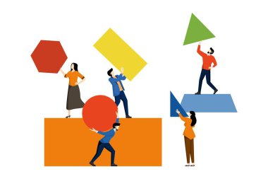 Bir grup insan soyut bir geometrik bulmaca oluşturuyor. Problemleri çözmek için birlikte çalışmak, çözümler üretmek, karakterler geometrik şekiller toplamak vektör, vektör çizimi düz tarzda.