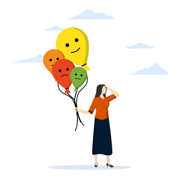 concept of feeling and expression, emotion control and self-regulation, stress management or mental health awareness, calm woman holding balloon with emotion or facial expression, happy, sad or scared.