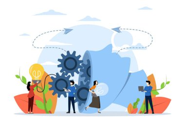 iş grafiği konsepti, şirket birlikte fikir arayışı içinde, soyut insan kafası, düşünce ve analitik fikirlerle dolu, eski yerine yeni, Vektör yaratıcı illüstrasyon.