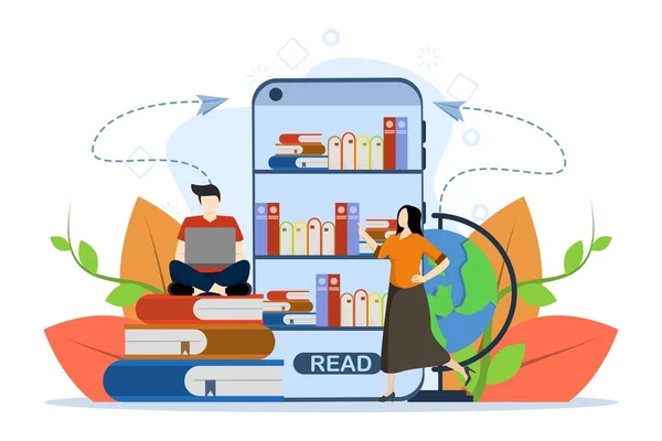 在线图书馆概念 向人们展示与数字书籍的互动 在线阅读书籍 电子图书概念 阅读数字书籍 用于阅读的设备 白色背景的平面矢量图解 — 图库矢量图片