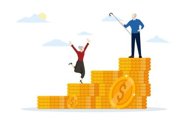 Retirement savings concept, pension fund allocation, pension fund, investment. Retired elderly couple standing next to piggy bank and coins. Vector illustration in flat design on white background.