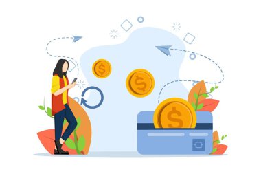 Money transfer concept, e-commerce, savings account. Woman gets money back on payment card. Online cashback and money back service. Vector illustration in flat design for web banners and mobile apps.