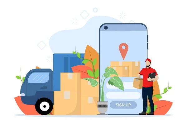Delivery Service Concept Online Delivery App Van Parcel Delivery Courier — Stock Vector