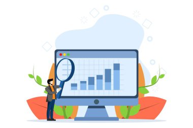 Kurumsal büyüme konsepti. Şirketin tanıtımı ve gelir artışı. Büyüteçle büyüme grafiğini analiz eden bir iş adamı. Beyaz arkaplanda düz vektör çizimi.