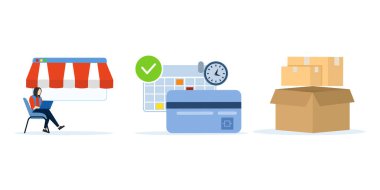 İnternetten alışveriş. Dizüstü bilgisayarı ve ödemesi olan kız. Ödemeleri yap ve mallar gelene kadar teslimat zamanını hesapla, online alışveriş siparişi adımlarının resimlerini çıkar. vektör illüstrasyonu.
