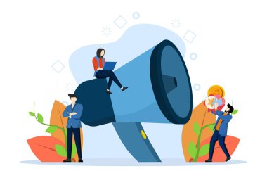 Dijital Pazarlama Konsepti, Pazarlama Ekibi Tanıtım Ürünlerini Gösterme, İniş sayfası için elverişli, UI, web, uygulama giriş kartı, editör, broşür ve afiş, Vektör İllüzyonu.