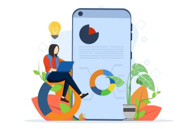 Düz çizgi film dizaynında insanların sahne aldığı veri analizi kavramı. Haritaları analiz ediyor ve denetliyor. karakter oluşturma fikirleri ve mobil uygulama, düz vektör illüstrasyonu istatistikleri ile çalışma.