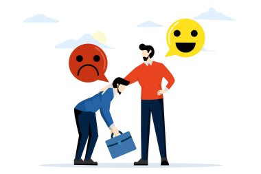 Olumlu düşünceler, olumsuz duygular, kötü deneyimler. Memnun olmayan müşteri ya da meslektaşım. İyimser, şefkatli bir tutum. Lider astlarını eğlendirir. düz vektör illüstrasyonu.