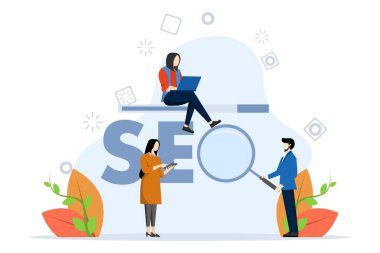 Arama Motoru İyimserleştirme Konsepti, daha fazla ziyaretçi çekmek için SEO kullanan bir grup yaratıcı yazarın yer aldığı, iniş sayfası, ui, web, uygulama giriş kartı, yazı ve el ilanı, Vektör İllüstrasyonu.