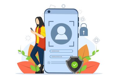 Telefonun yanında duran bir kadın, yüz tanıma konsepti, yüz tanımlama sistemi, biyometrik tanımlama. Yüzleri tanımla Mobil uygulama için düz tasarım vektör illüstrasyonu.