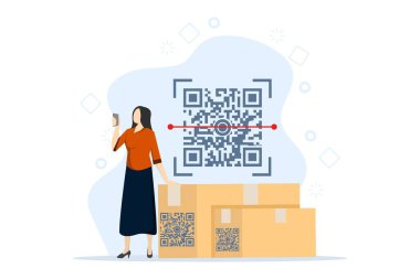 Elektronik ödeme, QR doğrulaması, QR işaretli telefonu tutan kişi. Kullanıcı ödeme için QR kodunu telefonla tarıyor. QR kod koleksiyonu, mobil tarayıcı. UI, web sitesi, mobil uygulama için düz vektör illüstrasyonu.