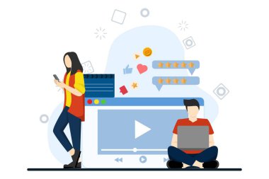 Cep telefonu olan insanlar alkışlarla yayın yapan servisleri kullanır ve izler. Akıcı sinema konsepti. Video pazarlama, çevrimiçi sinema. Video oynayan cep telefonu ve dizüstü bilgisayarı olan karakterler.