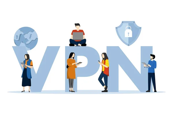 stock vector Virtual private network concept, cyber security, data protection. Users protect personal data with a VPN service. People using VPN for computer, smartphone with VPN sign. Flat vector illustration.