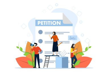 Dilekçe formu. Çevrimiçi dilekçe konsepti, seçim, oy kullanma, demokrasi. İnsanlar dilekçe ya da şikayetleri imzalar ya da dağıtır. Web Tasarımı ve Beyaz Arkaplan için Vektör illüstrasyonu.