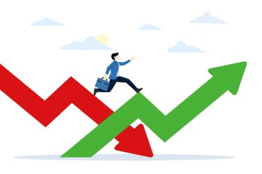 Borsada ya da Bear Market 'te bir düşüşle karşı karşıyayız. Ekonomik dengesizlik. Borsa iflası sonrası iyileşme sürecindeyim. Uyum sağla. İşadamı Red Arrow 'dan atlıyor. düz vektör illüstrasyonu.