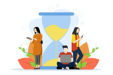 Zaman yönetimi konsepti. Takım çalışması, teslim tarihleri, sürekli online iletişim. Bilgisayarlı ve cep telefonlu iş adamları kum saati etrafında çalışıyor. düz vektör illüstrasyonu.