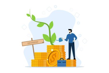 Yatırımın geri dönüşü, finansal çözümler, pasif gelir, sermaye hisseleri. Adam hisse senetlerine yatırım yapar, kar payı alır. Beyaz arkaplanda düz tasarım vektör illüstrasyonuName.