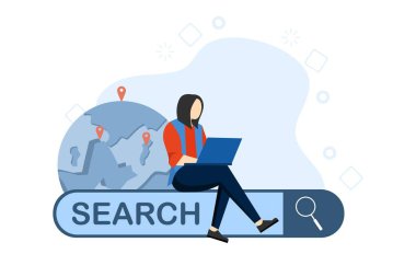 İnternette internet araştırması, internette sörf, SEO. İnsanlar internetten bilgi arıyor. Arama çubuğuyla internette gezinen bir kadın. Beyaz arkaplanda düz vektör çizimi.