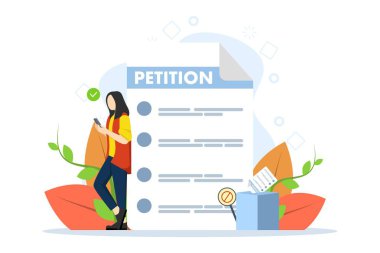 Dilekçe formu. Çevrimiçi dilekçe konsepti, seçim, oy kullanma, demokrasi. İnsanlar dilekçe ya da şikayetleri imzalar ya da dağıtır. Web Tasarımı ve Beyaz Arkaplan için Vektör illüstrasyonu.