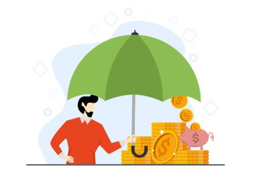 budget concept to protect property and capital. Metaphor to protect against the risk of losing savings. Man with umbrella standing on a piggy bank filled with coins. Flat vector illustration on white background.