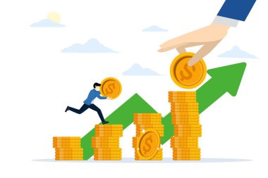 Yatırım konsepti, finansal hedeflerine ulaşmak için para biriktirmeye başla. Büyüyen iş grafiğiyle Bileşik Faiz Kârı. İş adamı büyüyen bir iş sembolü olarak bozuk para yığınının üzerinde yürüyor.
