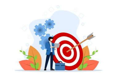 Konsepte odaklan. Hedefleri, programı ve yeni postaları olan bir adam. Odaklanma, üretkenlik, öz disiplin. Hedeflerin başarılması. Beyaz arkaplanda düz vektör çizimi.