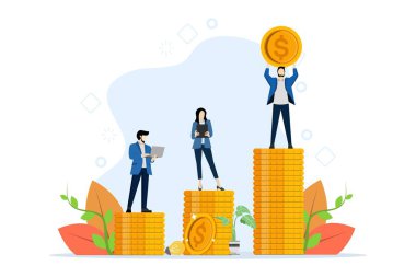 Eşit olmayan ödemeler kavramı. Gelir farkları, finansal haklar, kurumsal adaletsizlik, cinsiyet farkı ve maaş eşitsizliği. Maaş oranlarını temsil eden madeni paraların üzerinde duran insanlar. vektör.
