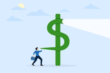 Finansal vizyon veya yatırım fırsatı keşfi, ekonomik veya borsa tahmini, enflasyon veya faiz oranı tahminleri, kurnaz işadamı geleceği görmek için dolar işaretli teleskopa bakıyor.