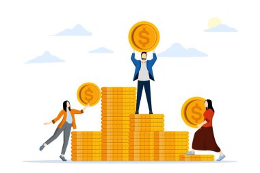 Finansal olarak zengin. Liderlik başarıları finans alanında. Finansal profesyonel ya da bankacı. İşadamı ve çalışan altın sikkelerin üzerinde duruyor. Beyaz arkaplanda düz vektör illüstrasyonu.