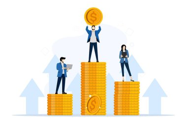 Çalışan insanlar, ayakta mutlu duruyor, zıplıyor, artan para yığını, fazla mesai ücreti, ekstra gelir, tasarruf, beyaz arka planda düz vektör çizimi.