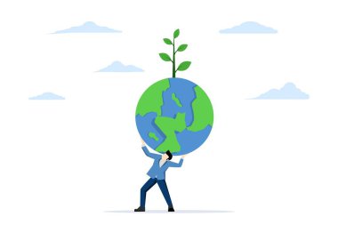 İklim değişikliği ve küresel ısınma sorumluluk kavramı, Dünya 'ya göz kulak olmak için dünya lideri taahhüdü, Atlas poziyonundaki iş adamı omuzlarında bitki tohumları taşıyan yeşil bir küre taşıyor..